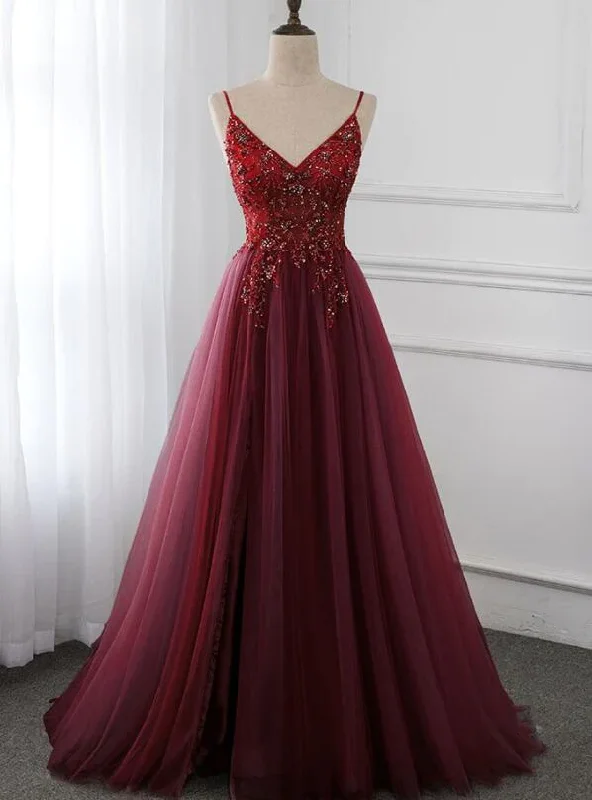 Gorgeous Wine Red Beaded Floor Length Party Dress,Burgundy Junior Prom Dress  gh216