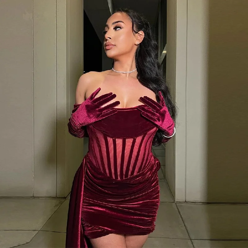 Velvet Short Dress Burgundy Gloves Overlay Prom Dress Girl for Party Club Mini Length Special Occasion Off Shoulder Velvet Short Dress Burgundy Gloves Overlay Prom Dress Girl for Party Club Mini Length Special Occasion Off Shoulder