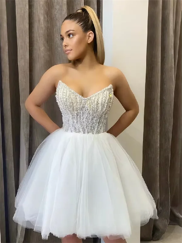 White Ball Gown Prom Dress Sexy Mini/short Sweetheart Pearls Tulle Slim Elegant Women's Cocktail Homecoming Dress White Ball Gown Prom Dress Sexy Mini/short Sweetheart Pearls Tulle Slim Elegant Women's Cocktail Homecoming Dress