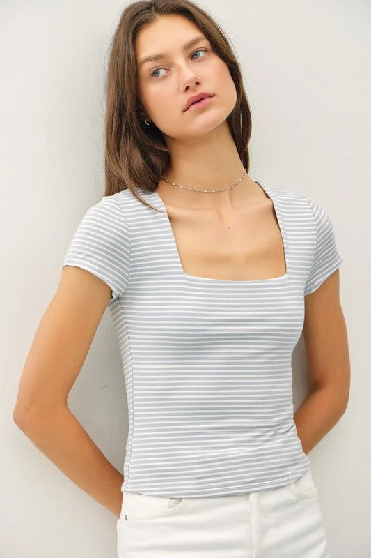 Millie Short Sleeve Stripe Print Double Lined Top Blue