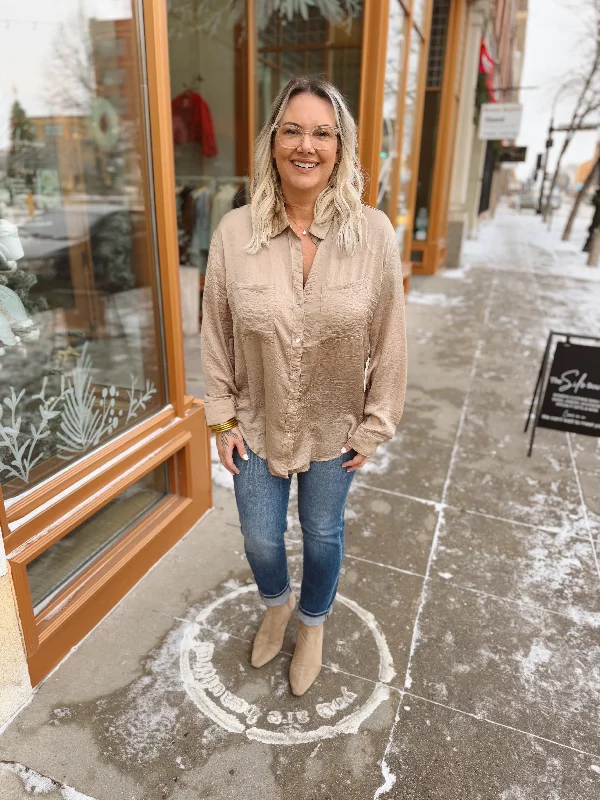 Dolly Satin Button Up Top-Khaki