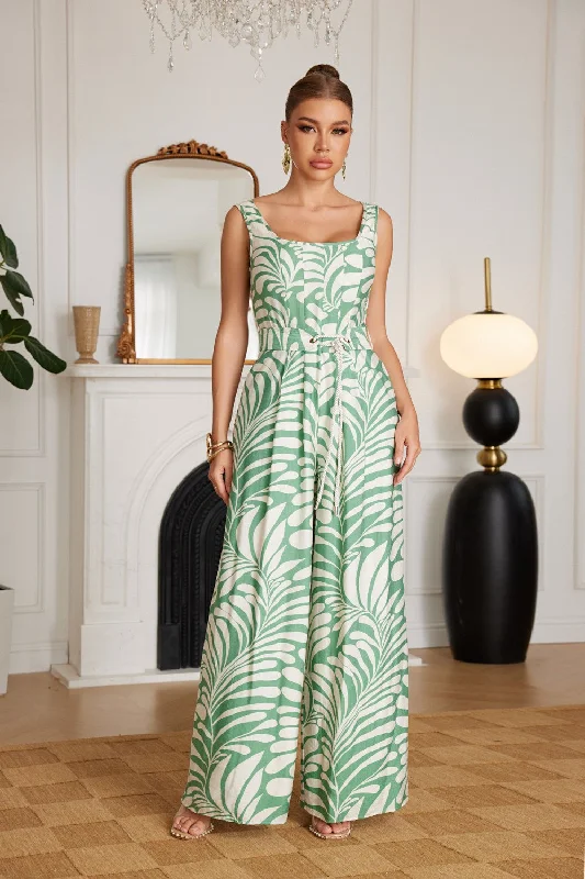 Coco Sleeveless Tropical Print Wide Leg Jumpsuit Green